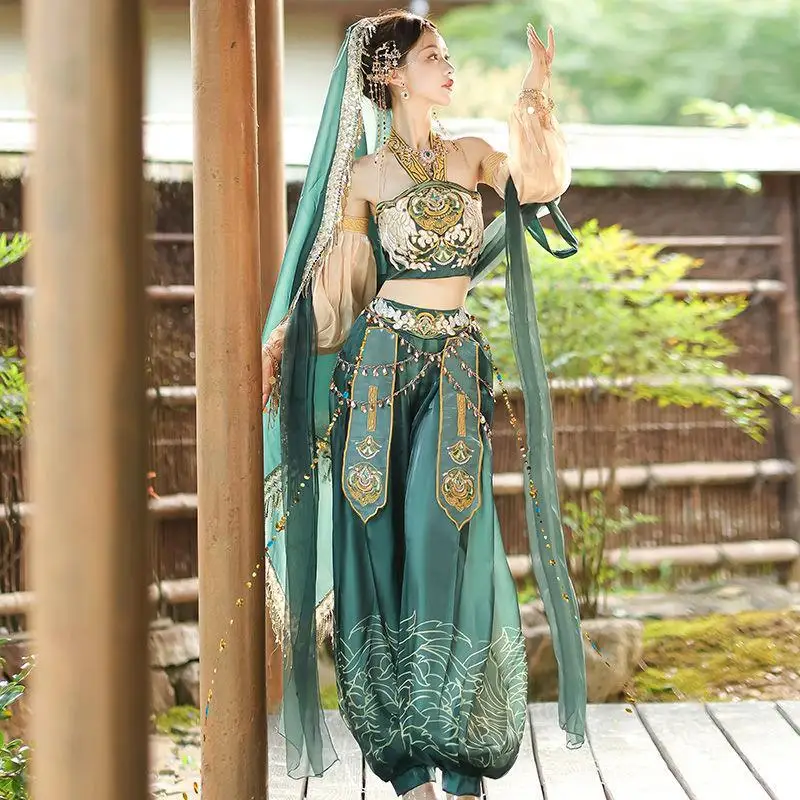 Chinese Style Girl Dunhuang Exotic Hanfu Top Pants Set Exquisite Embroidered Tassel Decorative Dance Performance Costume