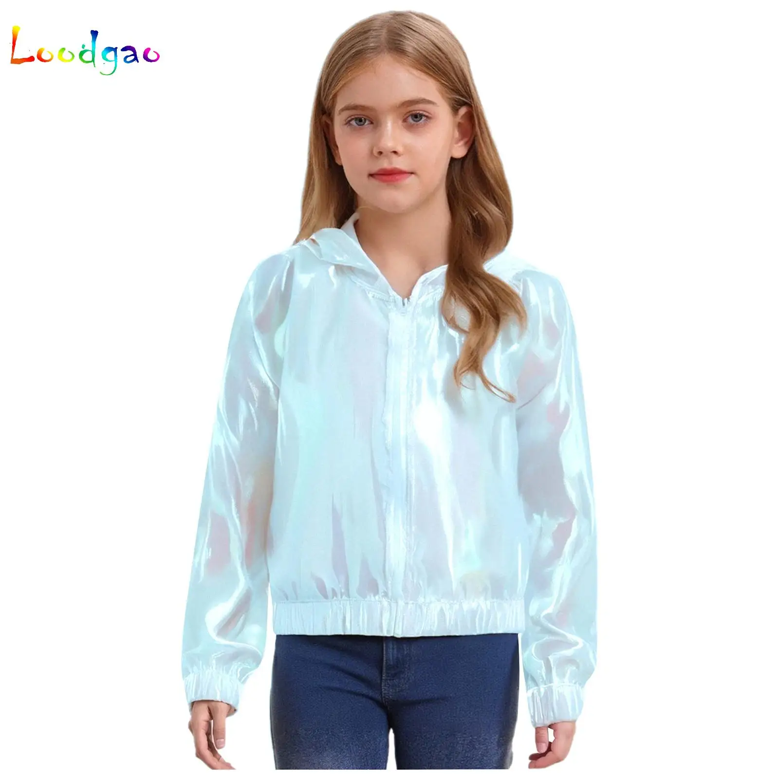 

Kids Girls Shimmery See-Through Jacket Fashion Outwear Long Sleeve Zipper Hooded Coat Summer Spring Sun Protective Clothing