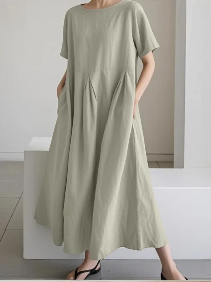 فستان فضفاض غير رسمي للنساء موضة كم قصير رقبة دائرية فساتين رداء نسائي عطلة مكتب ملابس نسائية صيف جديد 2025