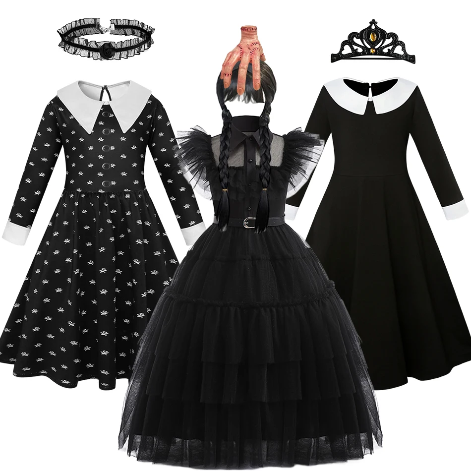 Movie Wednesday Addams Cosplay Costume for Girl Tulle Black Dress 2023 Halloween Party Clothes Kid Girls Carnival Gown 3-12Years