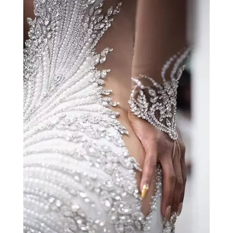 تخصيص زائد حجم حورية البحر فساتين الزفاف زي العرائس الدانتيل زين مطرز الخامس الرقبة طويلة الأكمام المتدرج التنانير الكشكشة Vestido