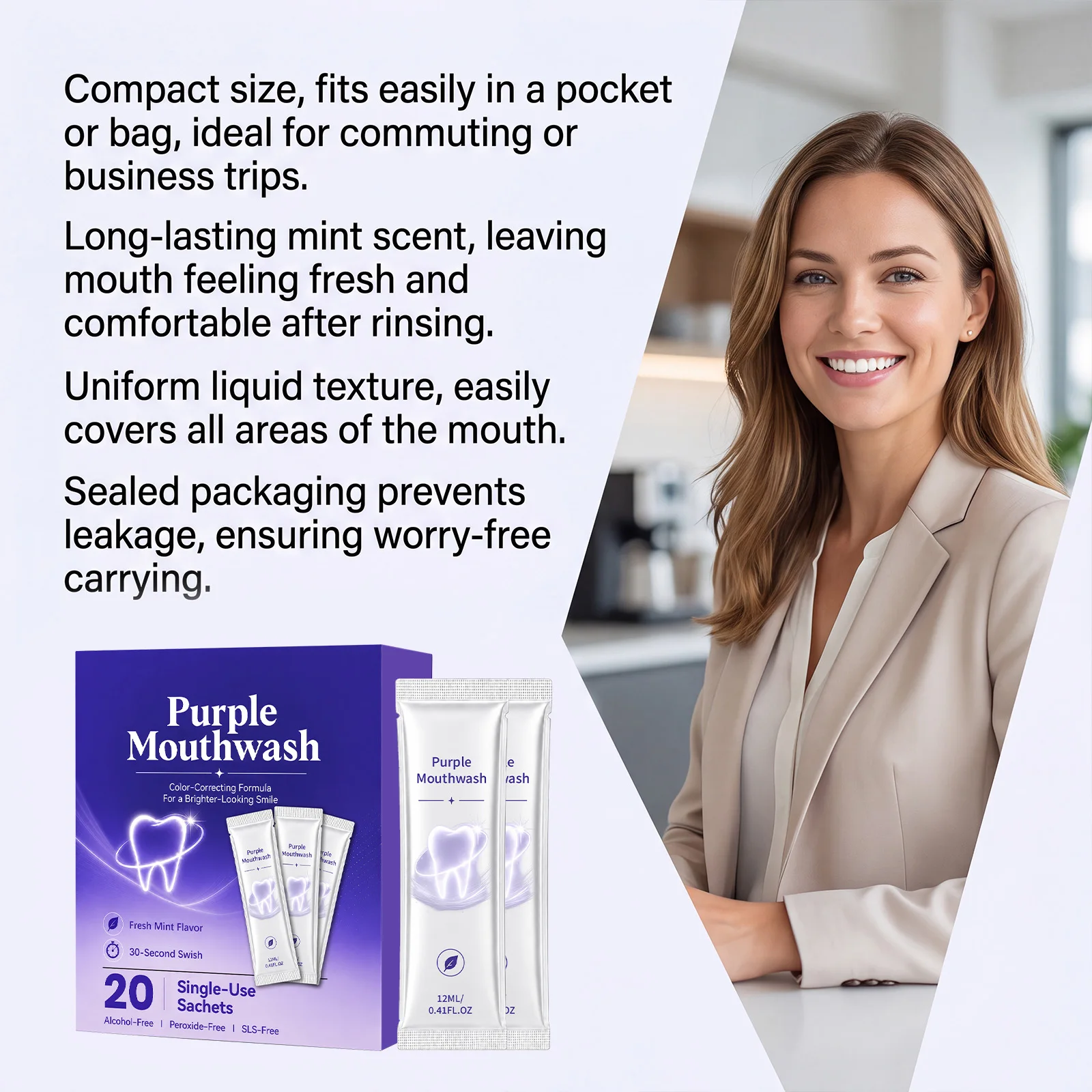 Purple Mint Portable Strip Mouthwash, Easy-Tear, Fresh Mint Flavor, Mild & Alcohol-Free
