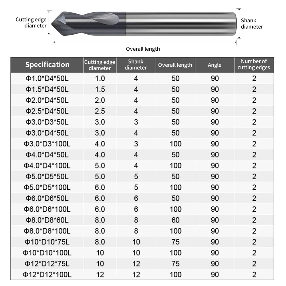 HRC65 90° Spot Center Drill Carbide Chamfer End Mill 2-Flutes CNC Router Bit Stub Starting Location for Precision Cutting Tools