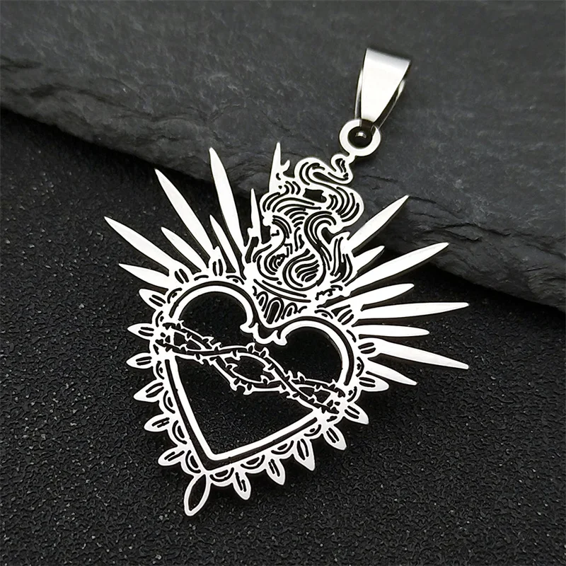 3Pcs Hollow Flaming Sacred Heart Charms Thorns Sacred Heart pendants For Women Men Stainless Steel Black Faith charms Jewelry