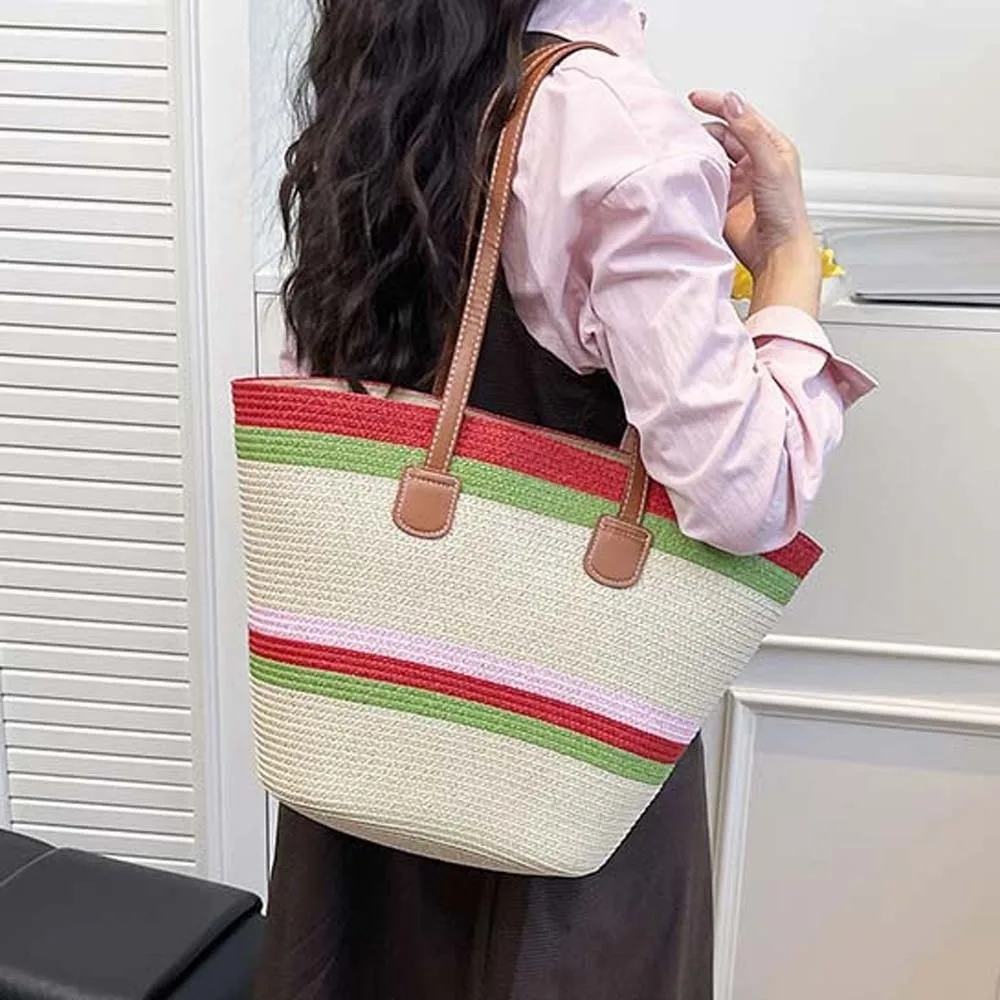 

Large Capacity Stripe Woven Tote Bag Lightweight Contrast Color Shopping Straw Bag Underarm Pouch Polyester Summer Beach Handbag