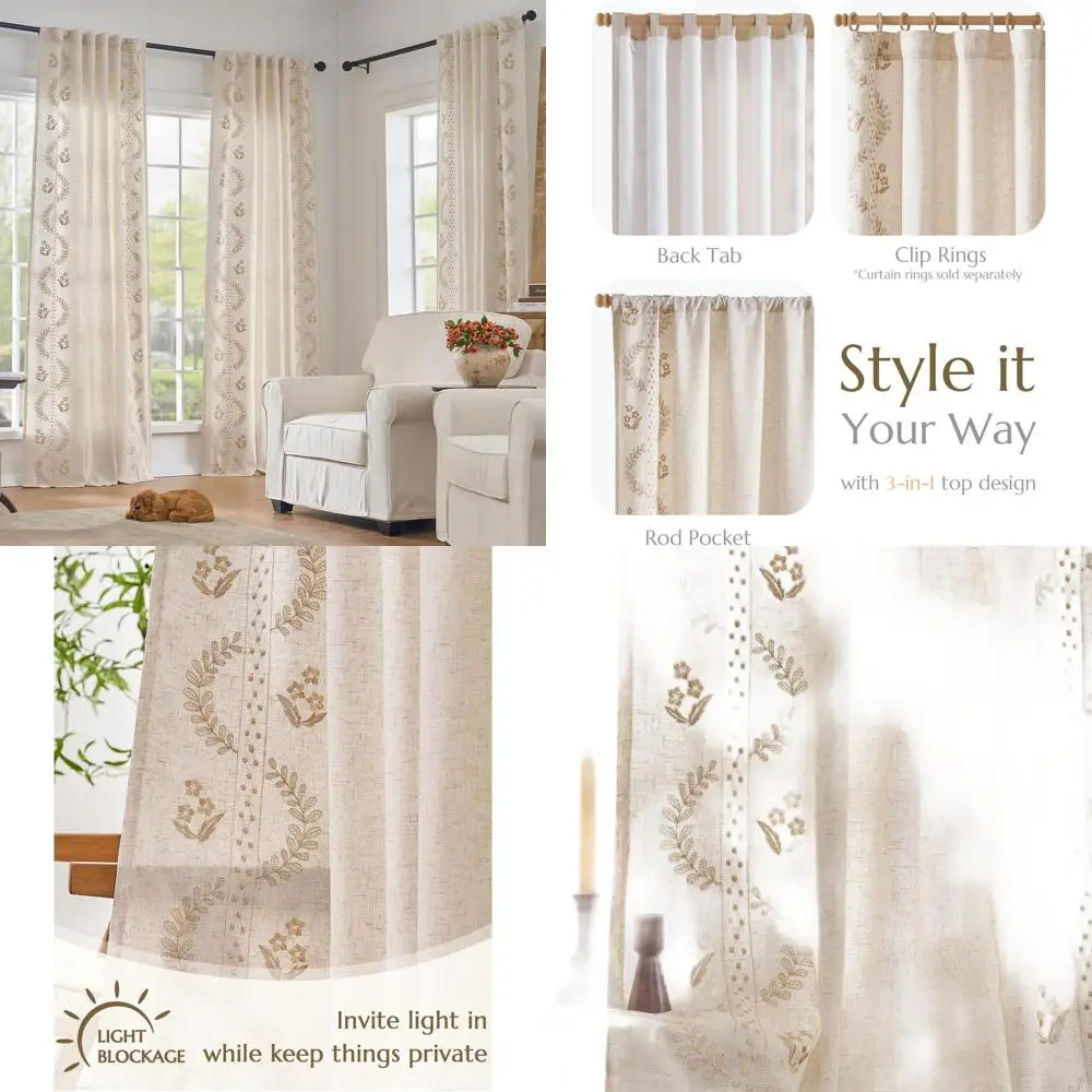 

Beige Boho Floral Embroidered Linen Curtains, 84 for Bedroom, 2-Panel Farmhouse Style Drapes