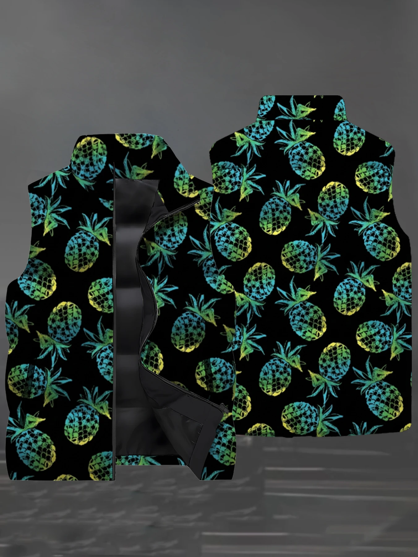 Men Stand Collar Puffer Vest 3D Full Print Gradient Pineapple Fruit Pattern Sleeveless Padded Jacket Winter Warm Casual Street O
