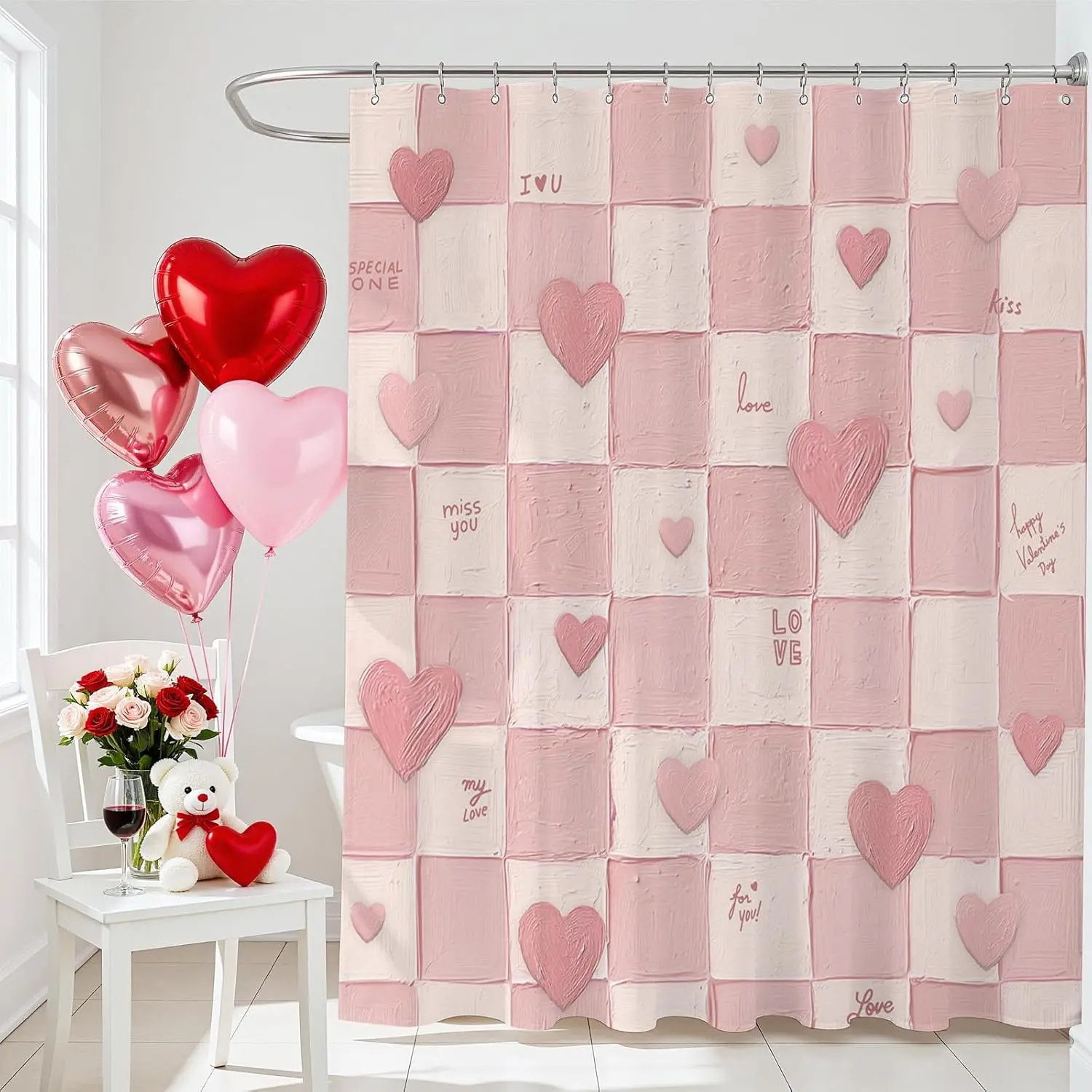 

Pink Valentines Shower Curtain - Sweet Love Kiss Me Heart Shower Curtain for Valentine Day Decorations, Romantic Retro Grid