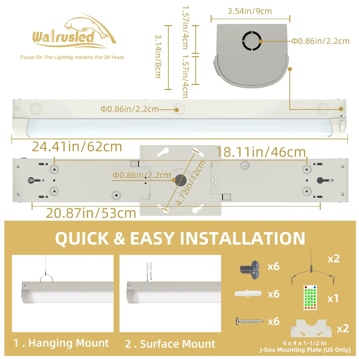 Luce per scale a striscia lineare a LED con sensore di movimento a tre livelli da 2 piedi con telecomando 20W 2500lm 3/4/5000K, plafoniera per negozio dimmerabile ETL