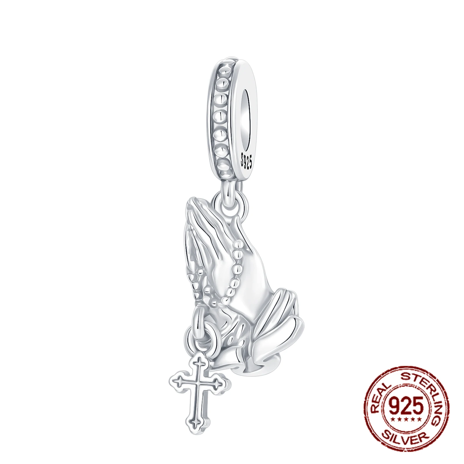 

925 Sterling Silver Religious Hands in Prayer Cross Pendant Charm Fit Original Charm Bracelets Women DIY Jewelry Gift