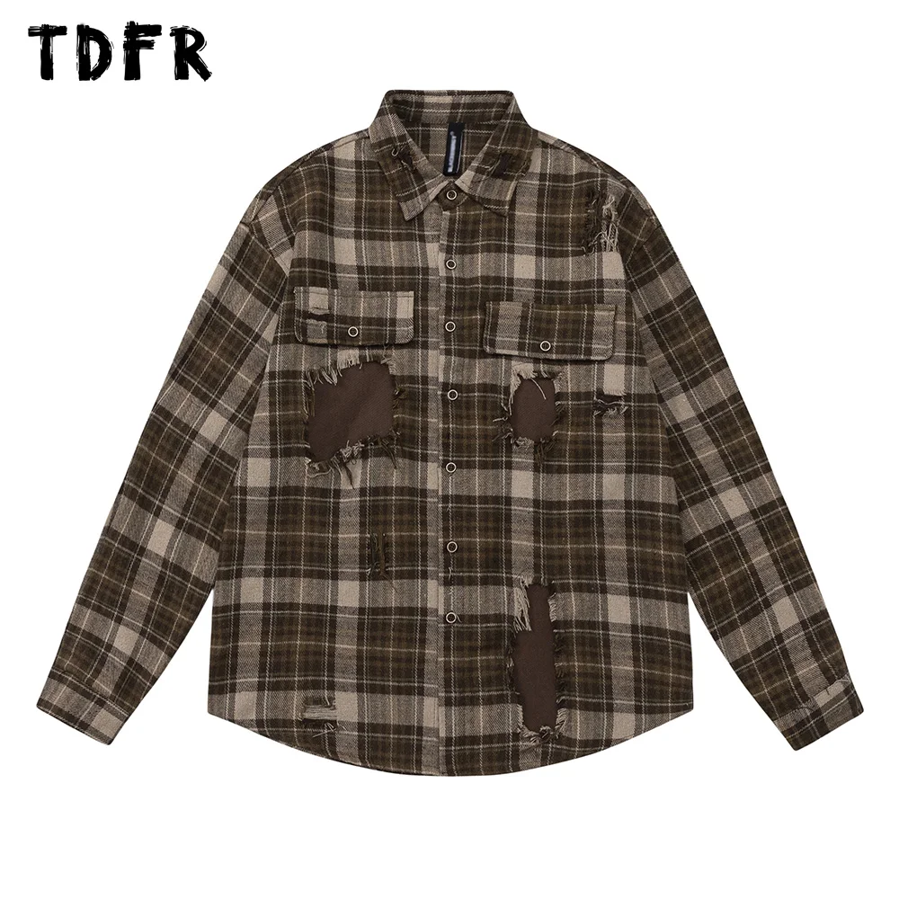 Ripped Patchwork Plaid Shirt Mens Retro Casual Loose Lapel Single Breasted Long Sleeve Pocket Shirts Men