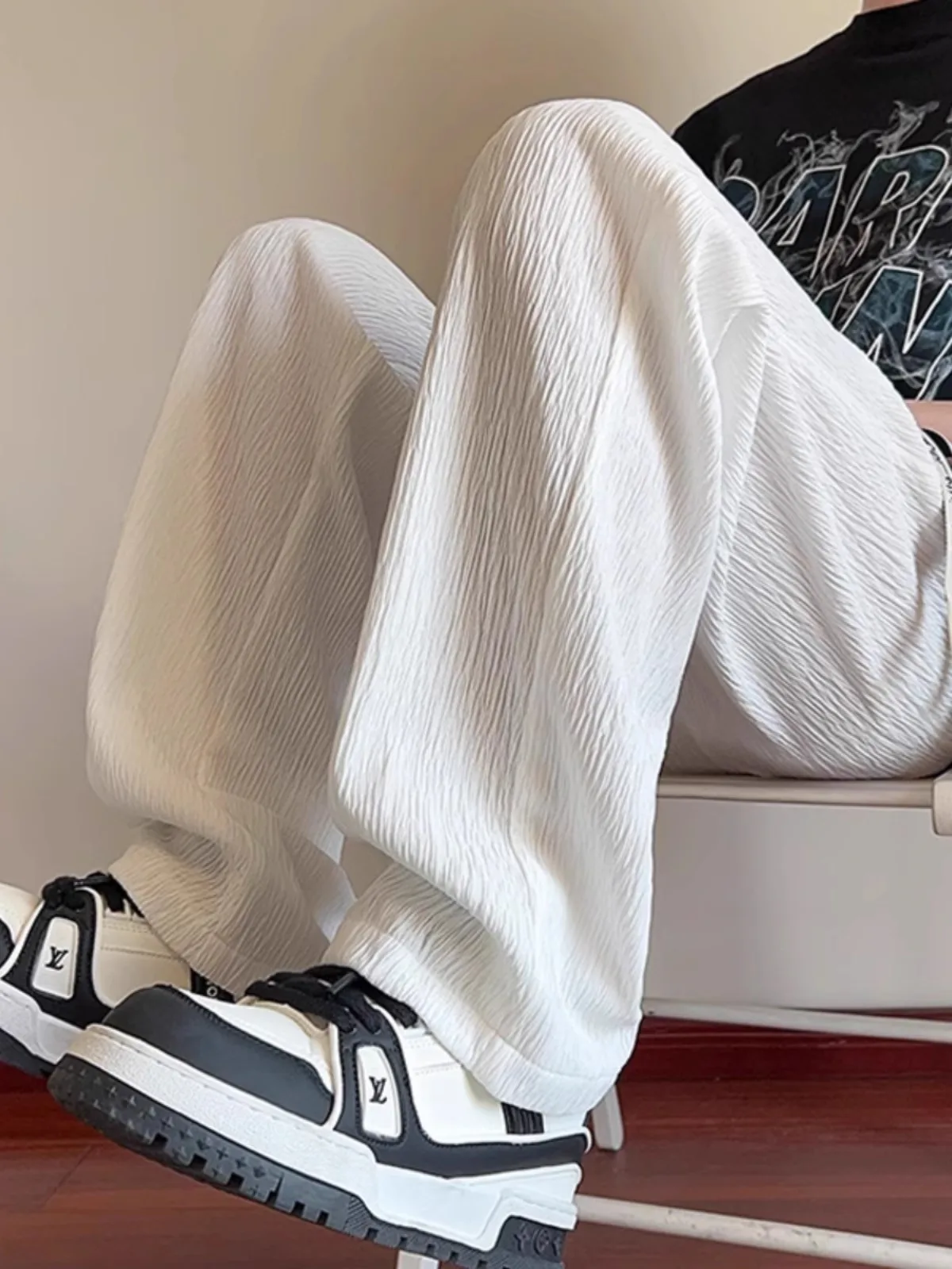 

White Textured Ice Silk Men's Summer Thin Straight Casual Pants Drapey High-End Wide Leg Pants Breathable Comfortable Lightwe...