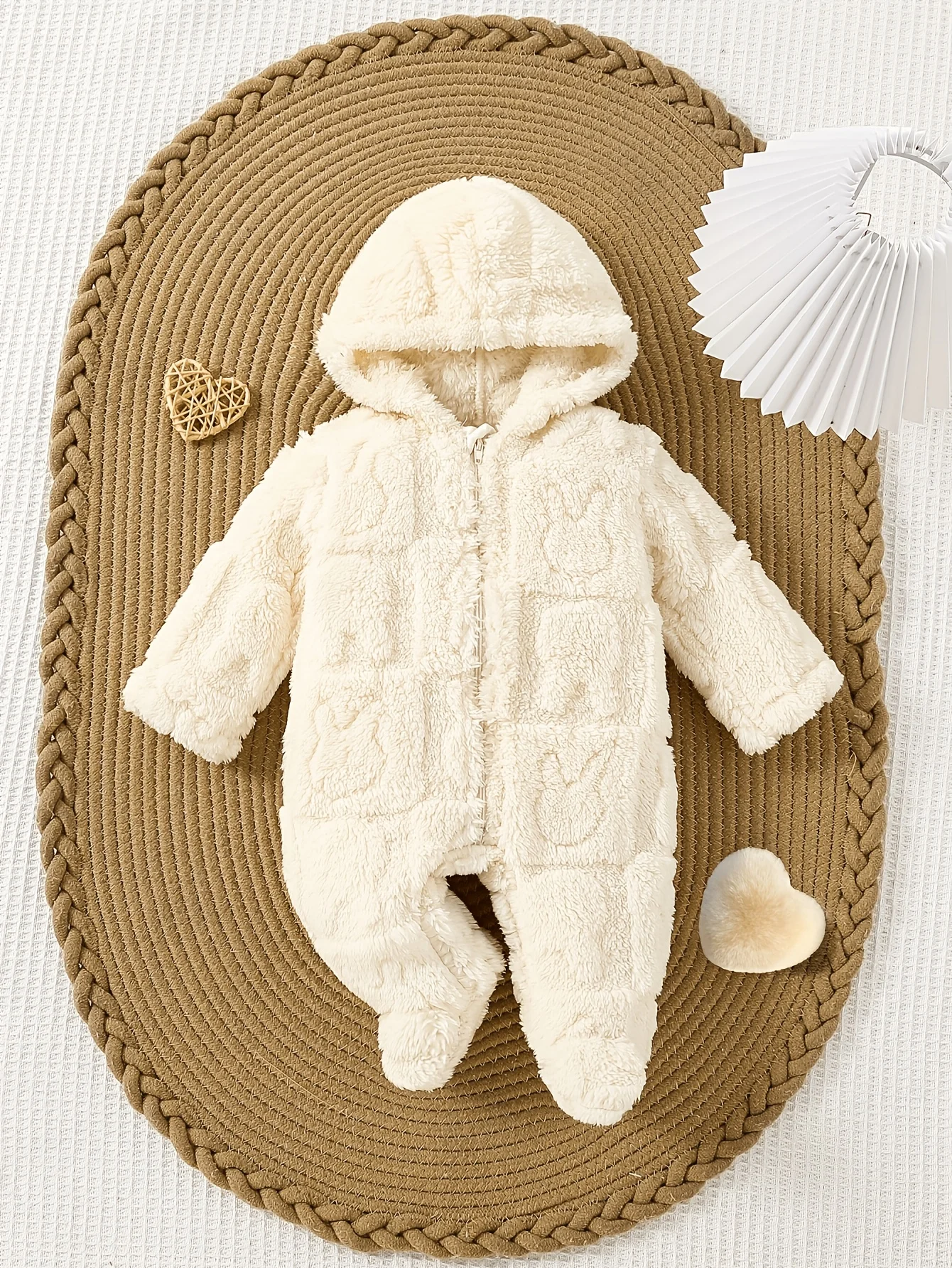 

QH250347-xingse Baby Apricot Embossed Romper, Unisex Hooded Footed Warm Wear for Autumn Winter