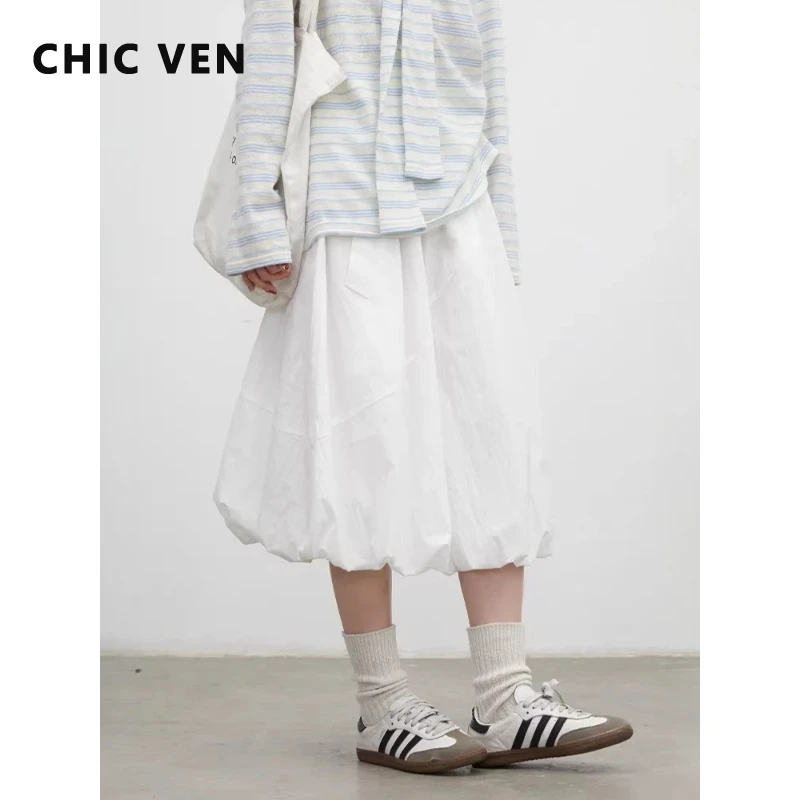

CHIC VEN Fashion Women Skirt Black Loose Casual Elastic Waist Flower Bud Design Ladies Puff Skirt for Girl Spring Summer 2026