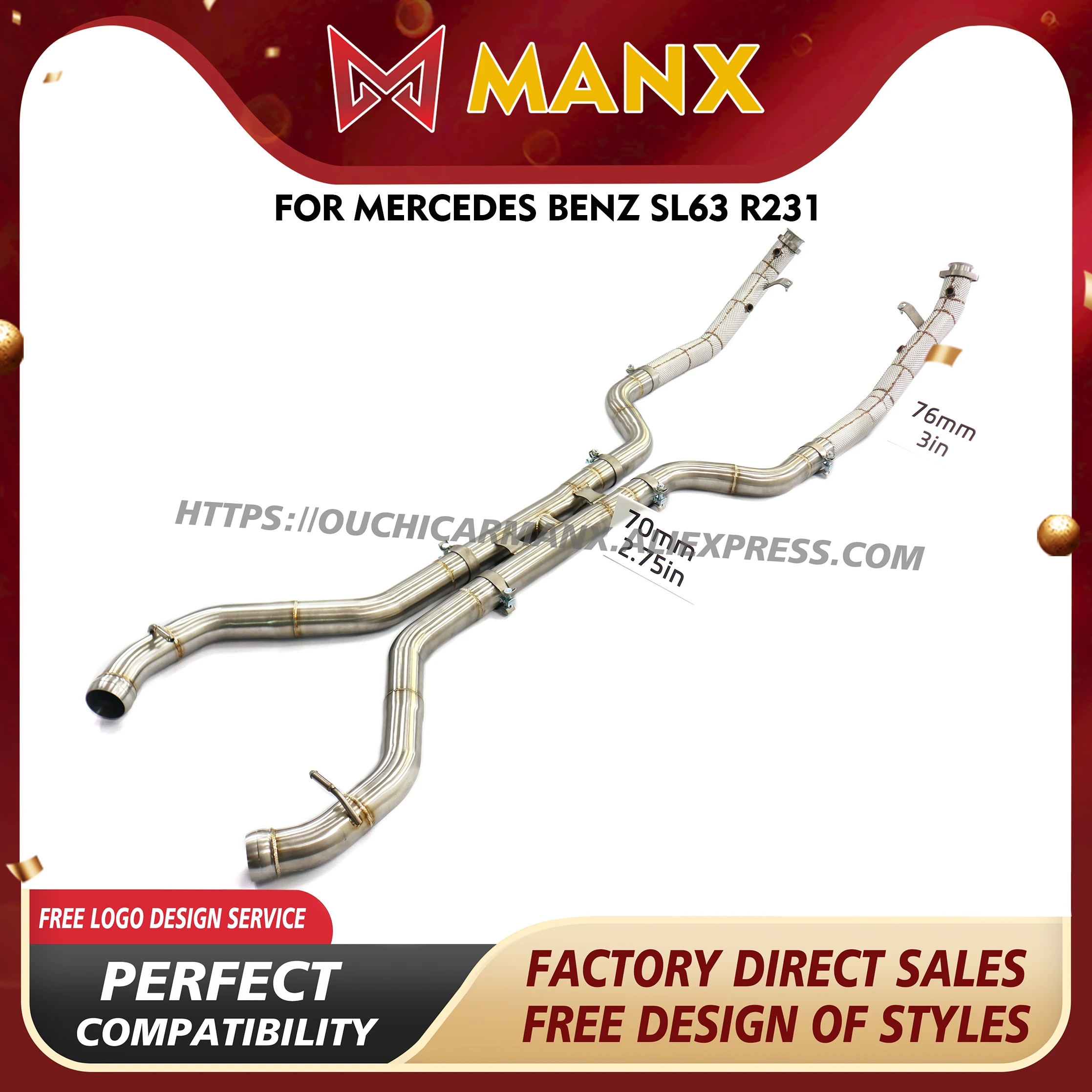 

MANX for Mercedes Benz SL63 R231 SS304 Downpipe Exact Fit Exhaust system Increase pipe diameter ﻿