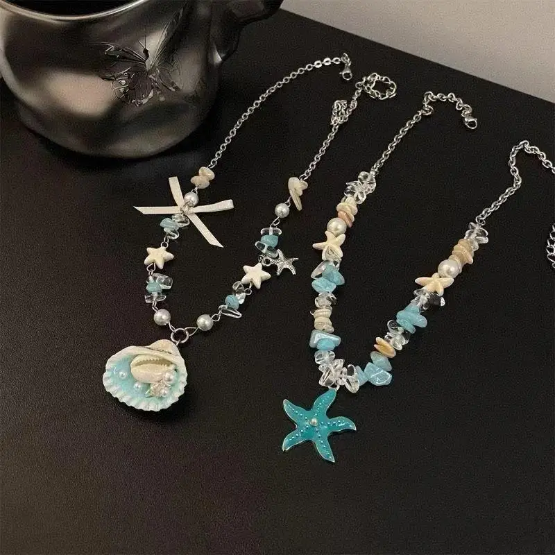 Bohemian Ocean Style Necklace Starfish Shell Faux Pearl Charm Vacation Jewelry for Women Summer Trips