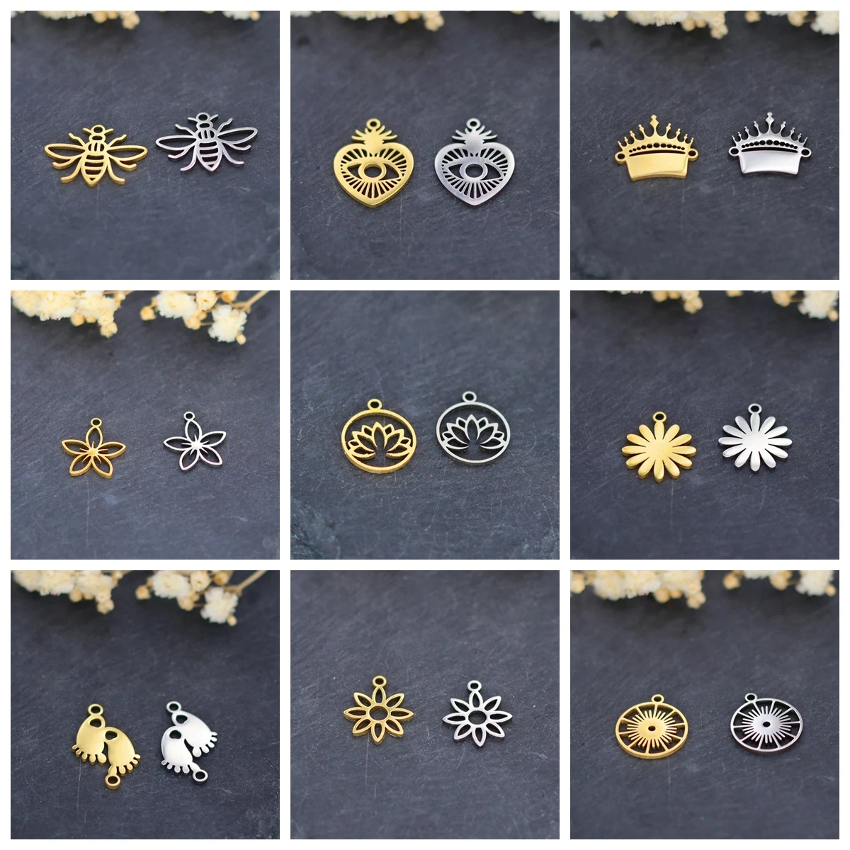 3pcs Lotus Flower Charms DIY Earring Necklace Bracelet Crown Heart Sunflower Footprint Pendant For Jewelry Making