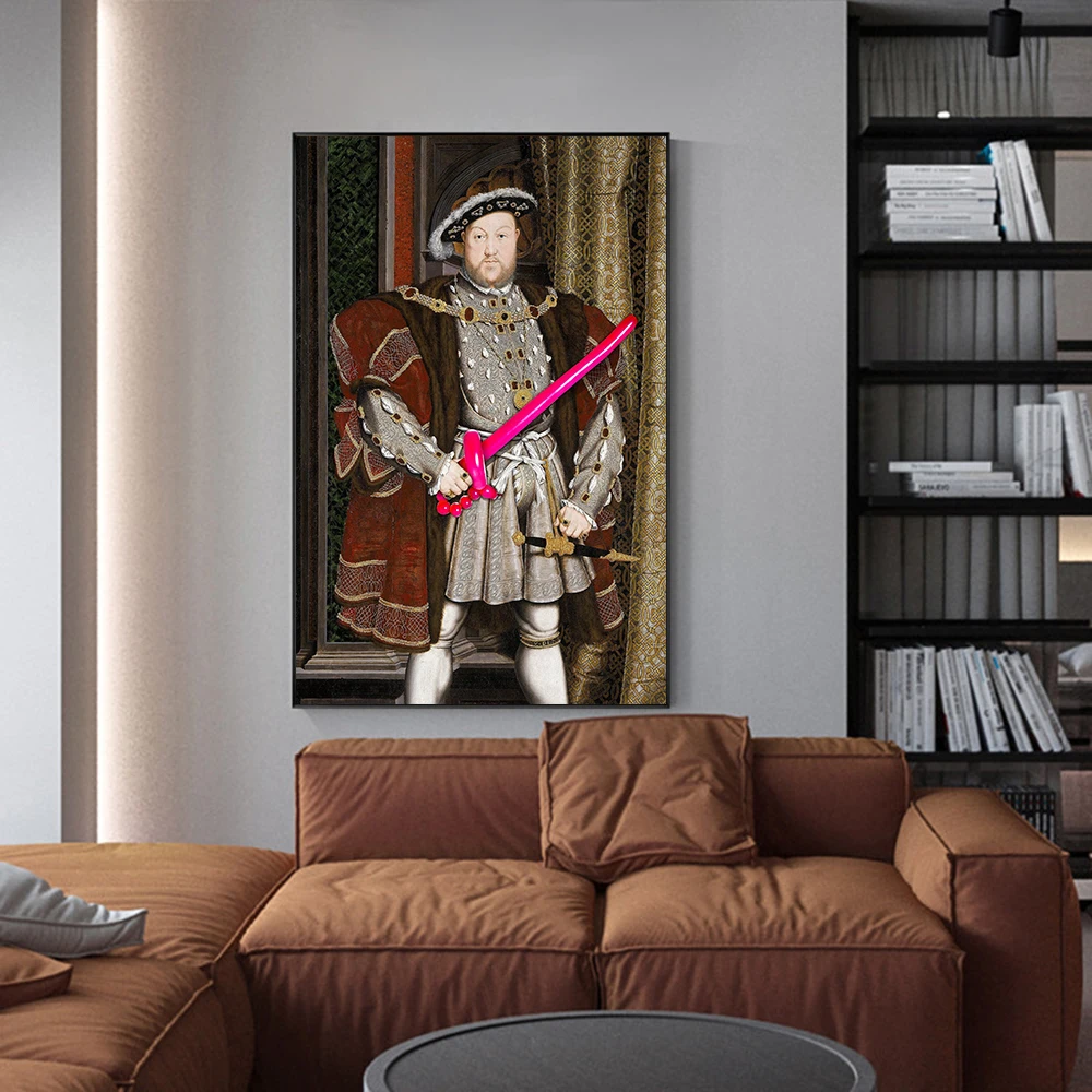 Vintage Portrait Wall Canvas Art Print King Henry VIII Poster Funny Altered Red Balloon Sword Picture for Living Room Home Decor