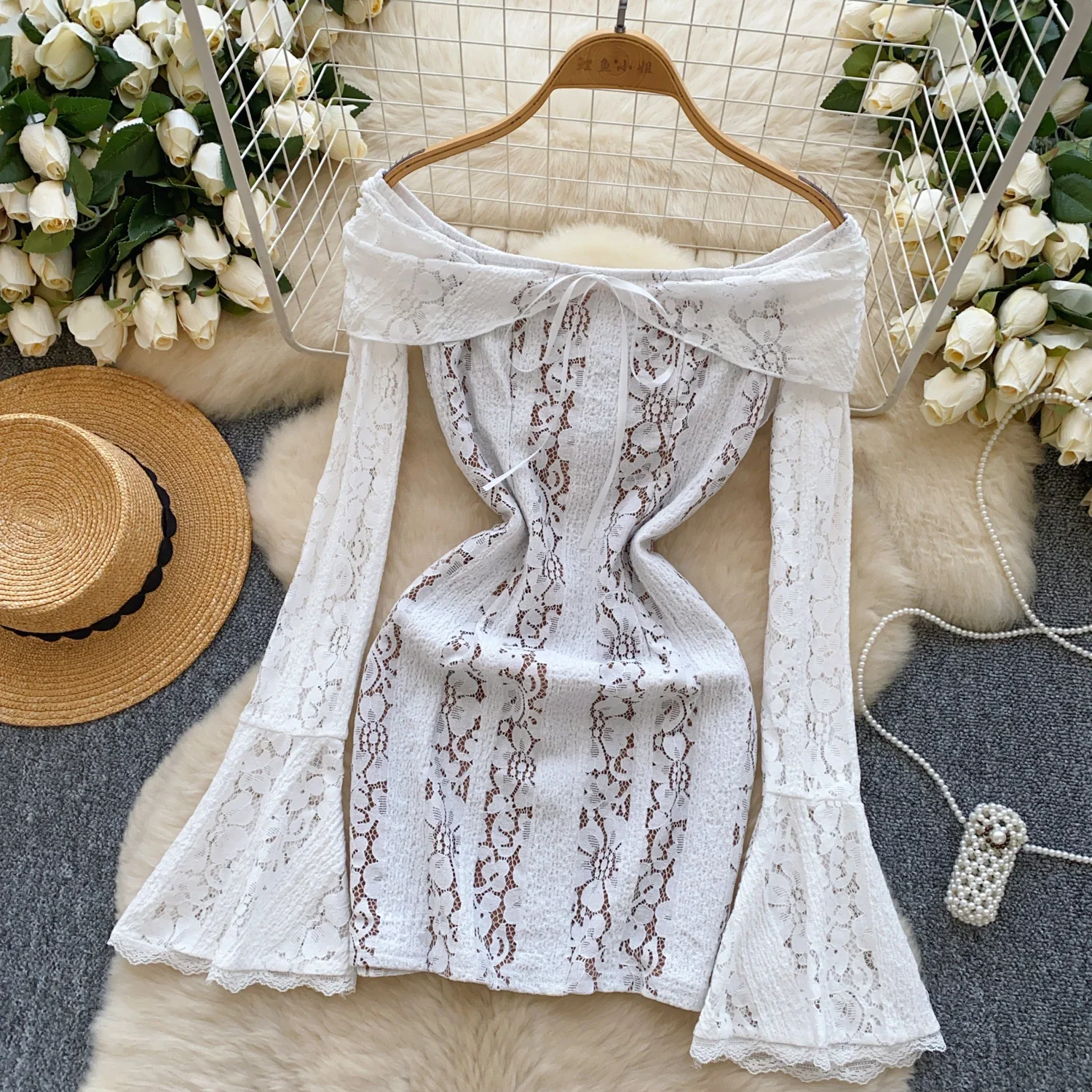 Elegant Long Flare Sleves Sexy Turn-down Collar Off Shoulder Chic Lace Slim Short Dresses Evening High Street Autumn Clothing