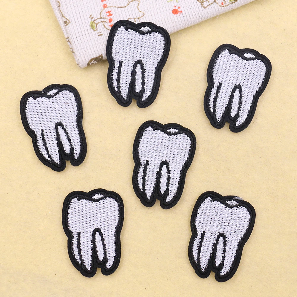 5PCS White Teeth Embroidery Patches Iron on Transfer Stripes Appliques Clothes Sticker Clothing Tooth Badges for Backpack Jacket