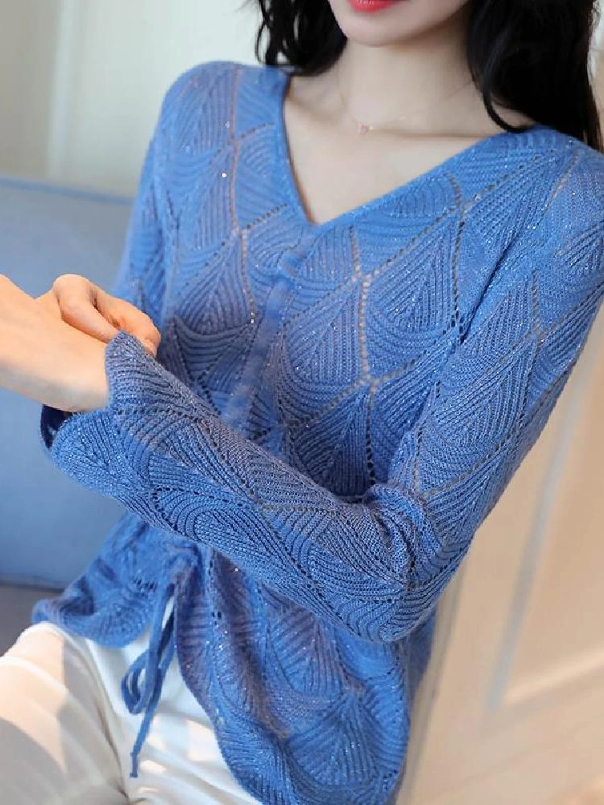 

Spring Summer New Hollow out Dstring Knitted Top Women's Base V Ne Loose ort Sve iny Tead Thin Trendy Top