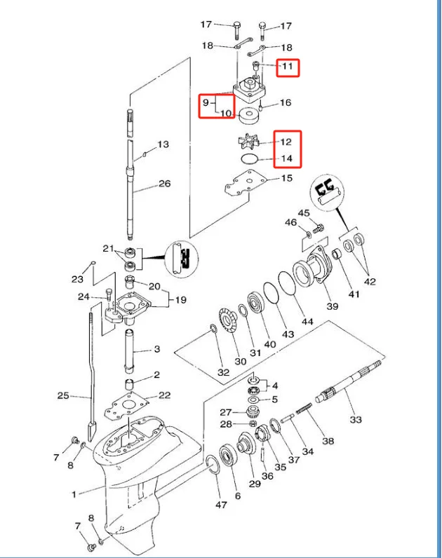 Huangjie Outboard Engine 4stroke 20hp Accessary Water Pump Shell No.9,10,11,12,14