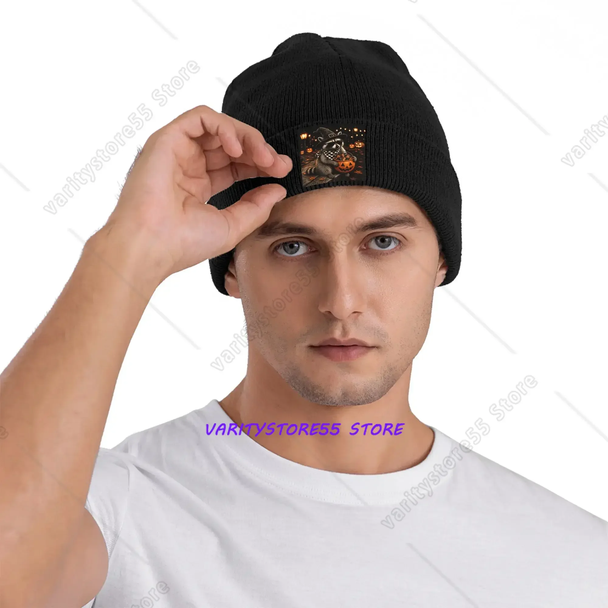 Funny Cool Witch Raccoon Pumpkin Trick Or Treat Beanie Hats Bonnet Hats Men Women Unisex Knitted Hat Spring Thermal Elastic Caps