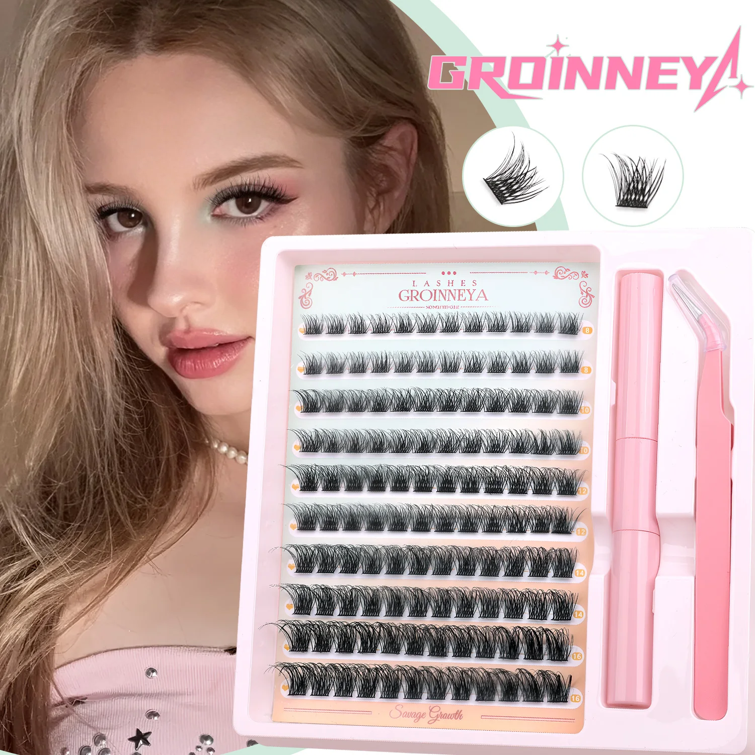 GROINNEYA Flauschiges Wimperncluster-Set mit wasserdichtem, starkem Halt, DIY-Wimpernverlängerungsset, Wimpernbindung, Versiegelung und Wimpernpinzette, Make-up – Detail 3