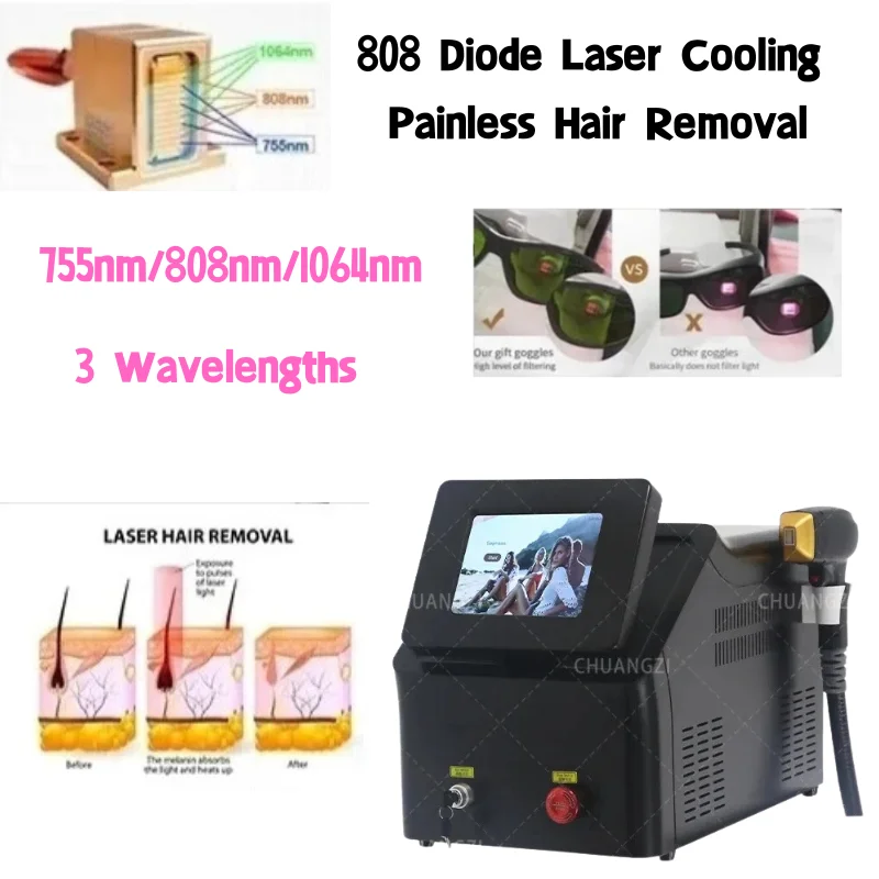 Diode Laser Hair Removal Machine Professional 808nm Ice White Gold 755 808 1064nm Three Wavelength Beauty Equipment