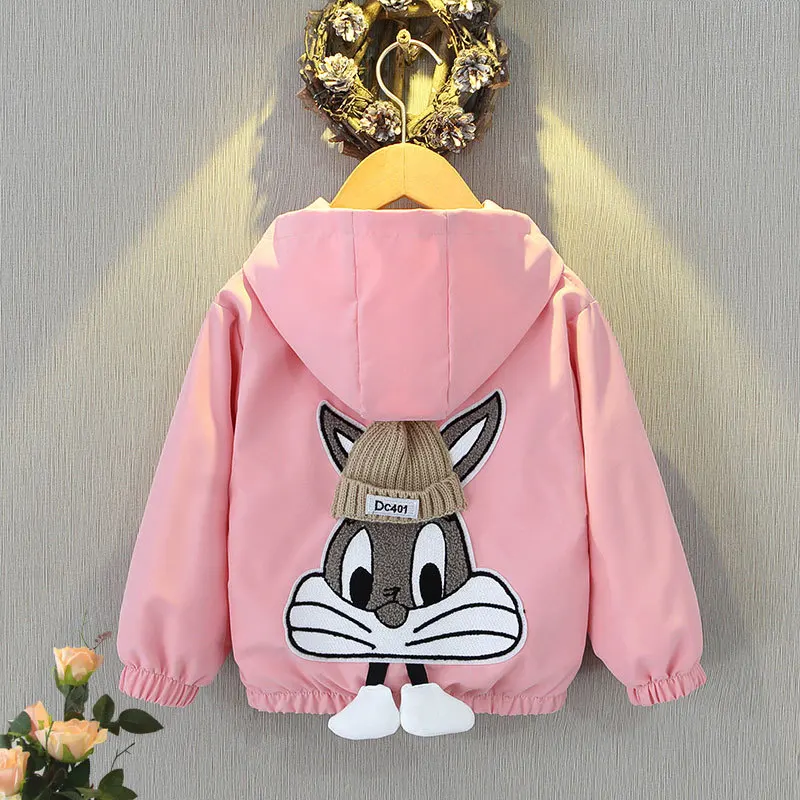 Spring Autumn Baby Girls Jakcets Hooded Sweatshirt Fashion Cartoon Rabbit Cardigan Zipper Outerwear Children Windbreaker Coats