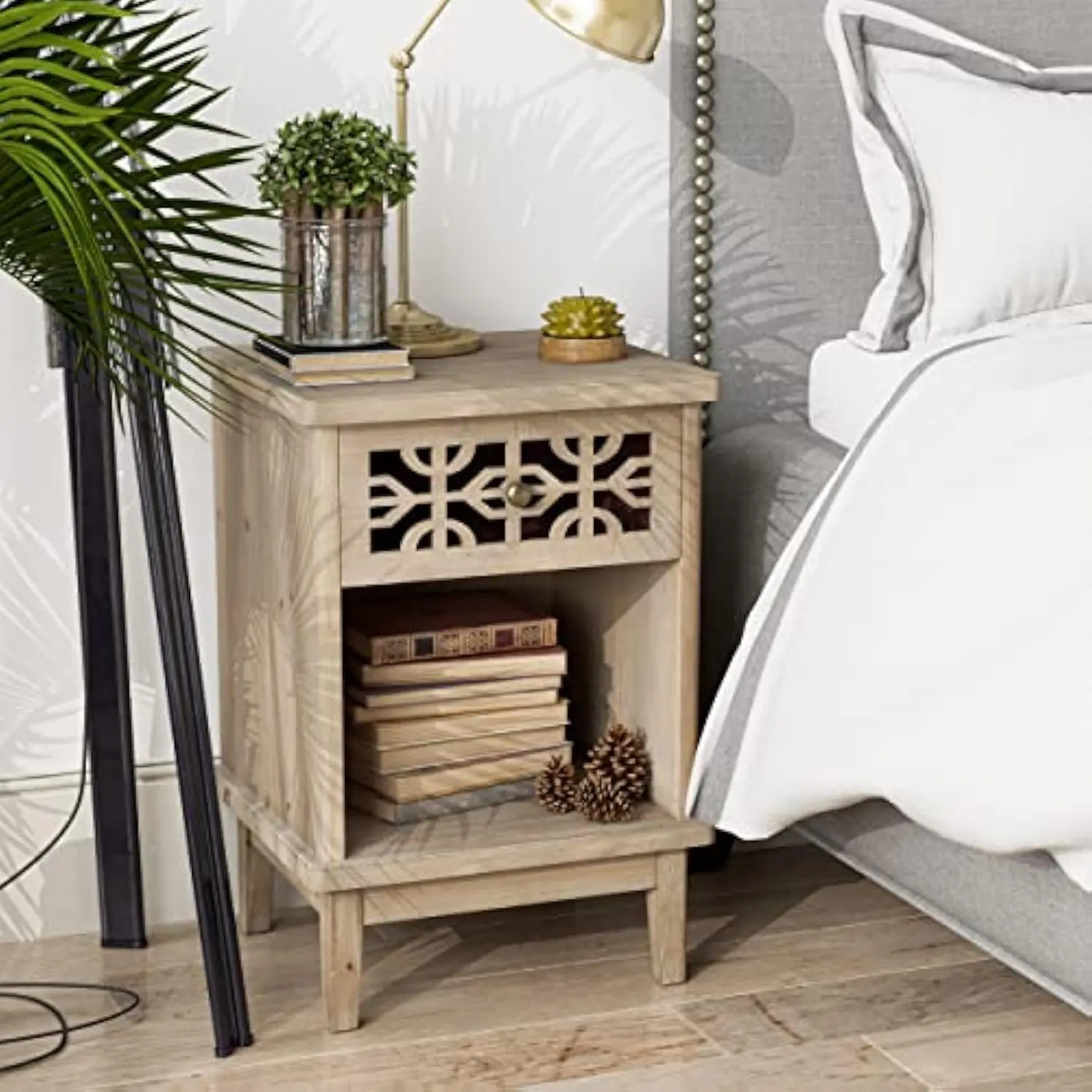 

Rustic Nightstand Solid Wood End Table, Retro Farmhouse Side Table with Hand Carved Front and Open Shelf, Distressed Grey