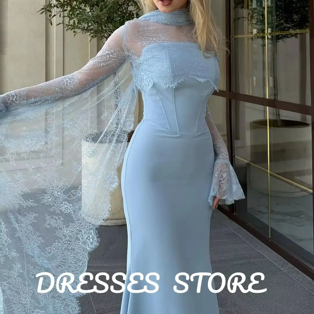 

MD Blue Transparent Lace Party Dresses Mermaid High Neck Full Sleeve Pleat Evening Prom Dress Floor-Length Prom Gowns Customized