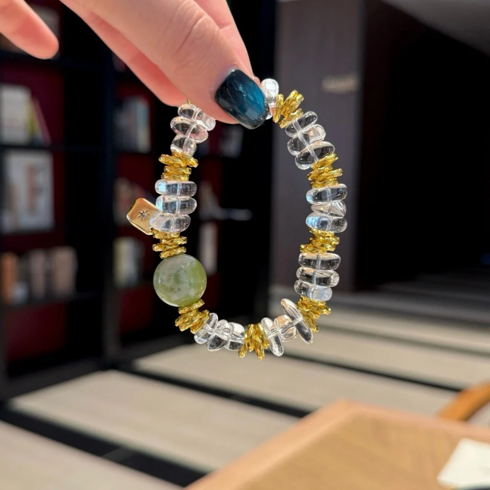 

Natural Clear Quartz And Green Jade Bead Bracelet Gemstone Fashion Crystal Healing For Women Jewelry Wrist Gift 1PCS