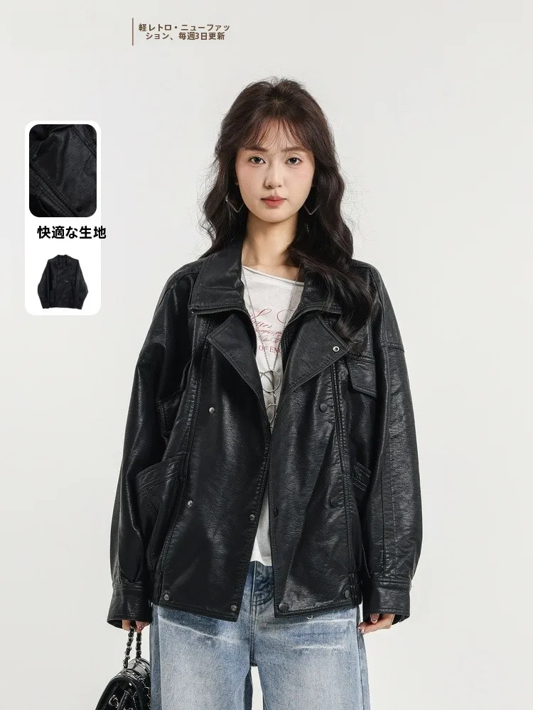 

Faionable Casual Sle PU Coat Spring 2026 Women's Zipper Long Sve Jaet Stand Collar Leather Jaet Stand Fit