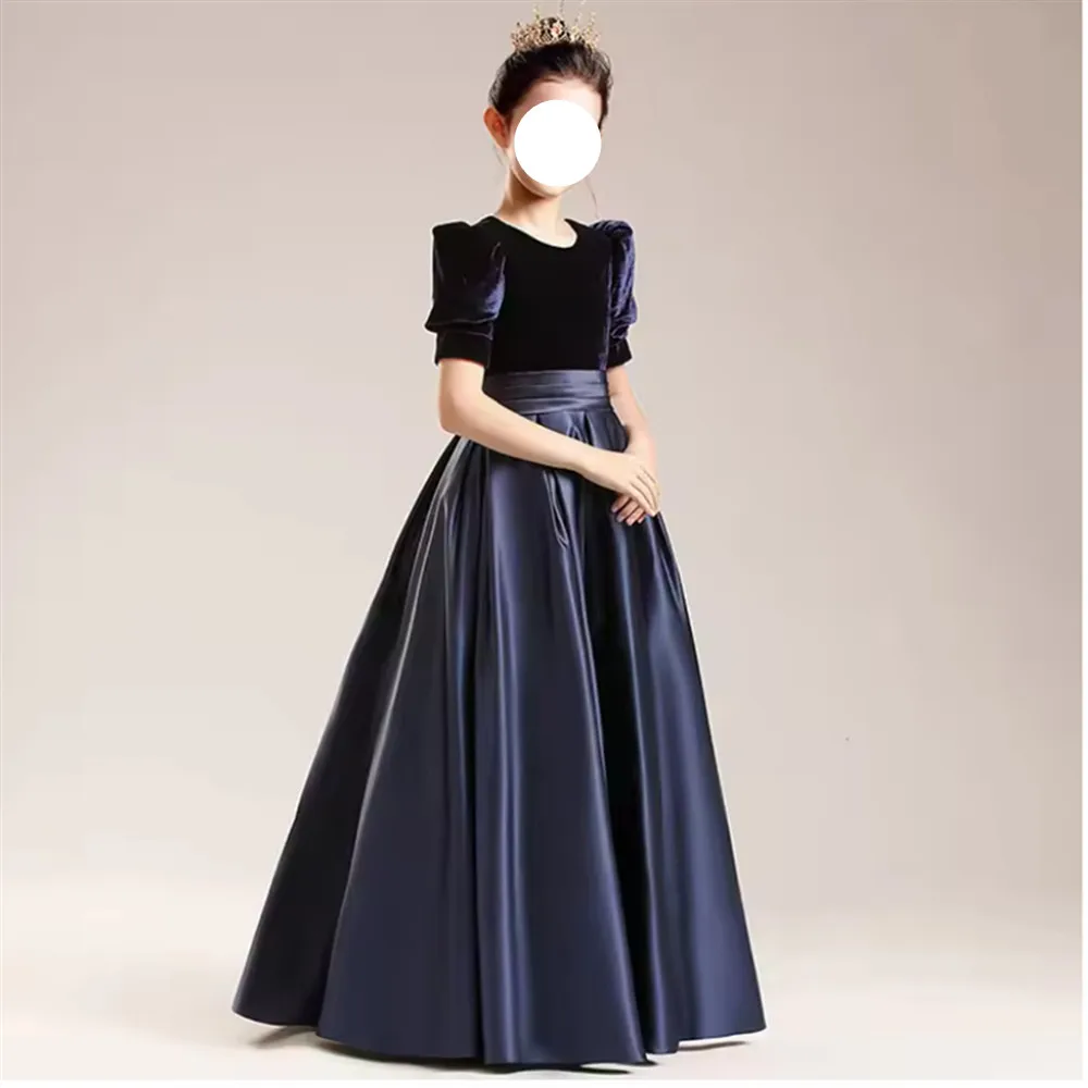 Robe élégante pour demoiselle d'honneur, en velours et satin, avec ceinture, pour enfants, robe de princesse pour fête d'anniversaire, robe de communion, personnalisée
