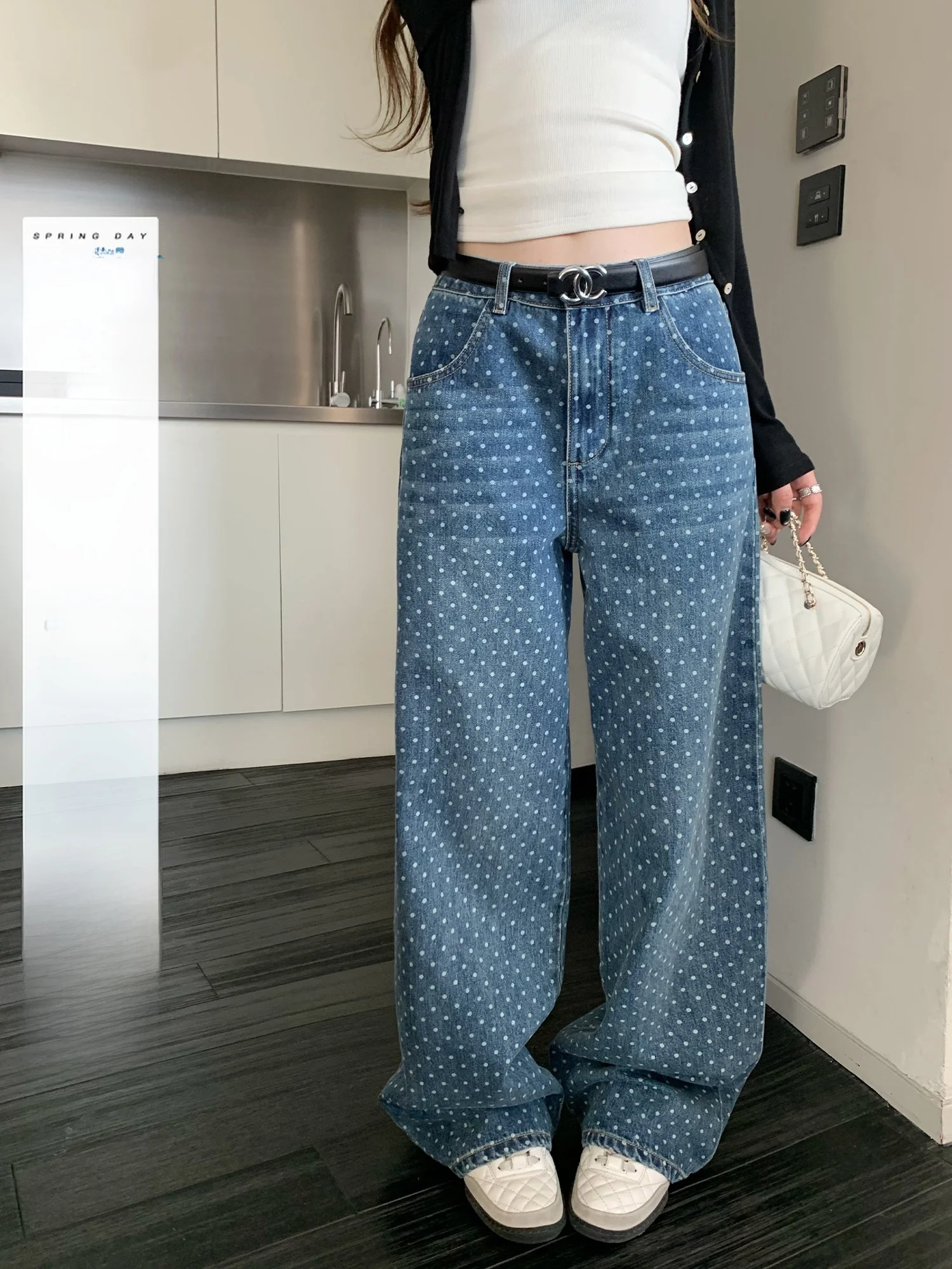 

Hhyii Retro Polka Dot Denim Low Waist Design Women's Fashion Wide Leg Jeans Straight Cut Spring 2026 New Arrival