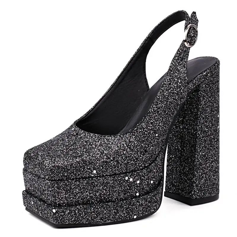 REAVE CAT Luxry Shoes Women Pumps Square Toe Chunky Heels 14cm Double Platform 5cm Glitter Back Strap Sexy Party Big Size 44 45