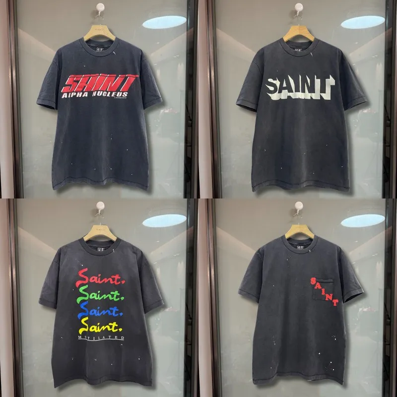 Summer Men Women Saint Tshirts Retro Washed Ink Splattered Graffiti Letter Black Round Neck Short Sleeve Loose Street Outfit