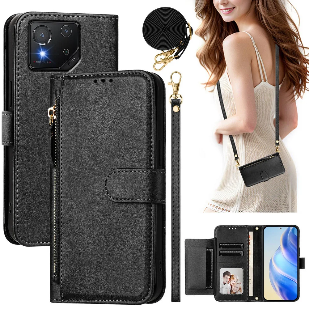 Zenfone11 Ultra 5G Zipper Wallet Funda For Asus Zenfone 11 Ultra Crossbody Leather Flip Book Cover For Rog Phone 8 Pro Case