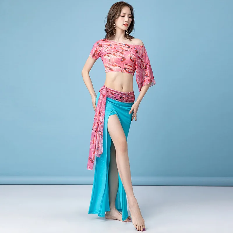 Ensemble de jupe longue de danse du ventre imprimé en gel personnalisé pour femmes, vêtements de pratique sexy, costume de danse exotique, danse orientale