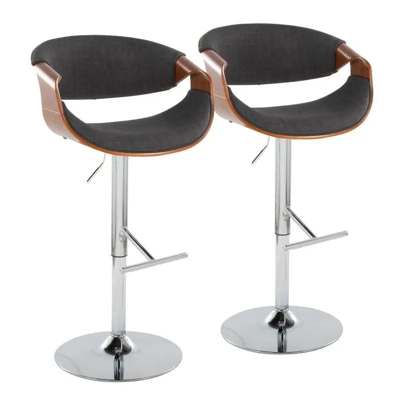 Mid-Century Modern Adjustable Swivel Barstool in Chrome Metal, Walnut Wood, and Charcoal Fabric with Straight T Footrest - Set