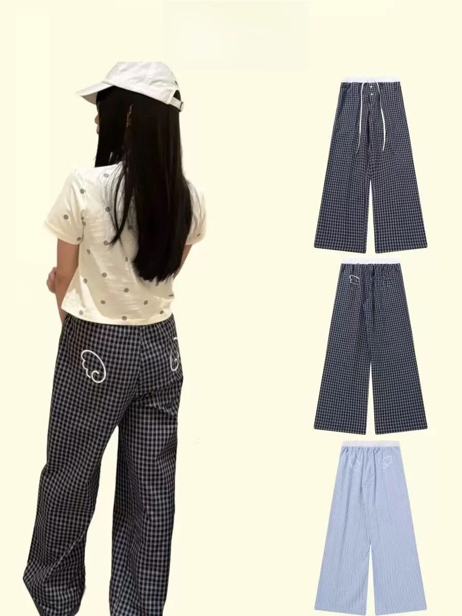 

Модные женские брюки в клетку с завязками, свободные, повседневные, тонкие, весенне-летние, с высокой талией, эластичные, хлопковые, прямого кроя