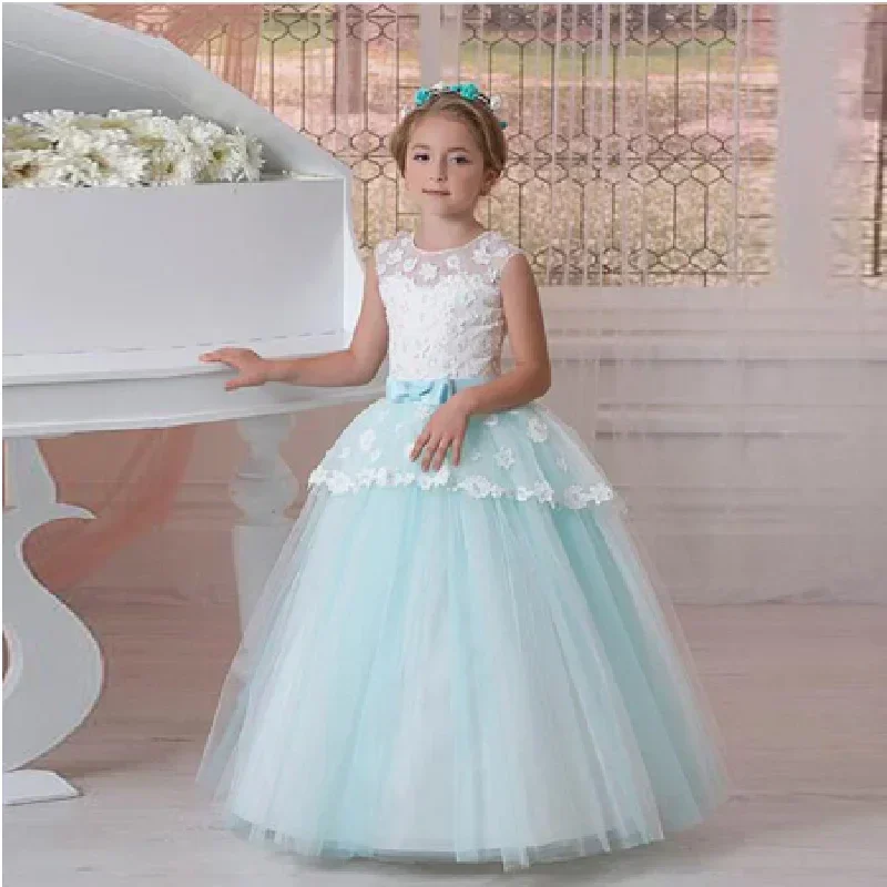 Lace Flower Girl Dress White Light Blue Contrast Lace Up Princess Baby Girl Birthday Party First Communion Wedding Gown