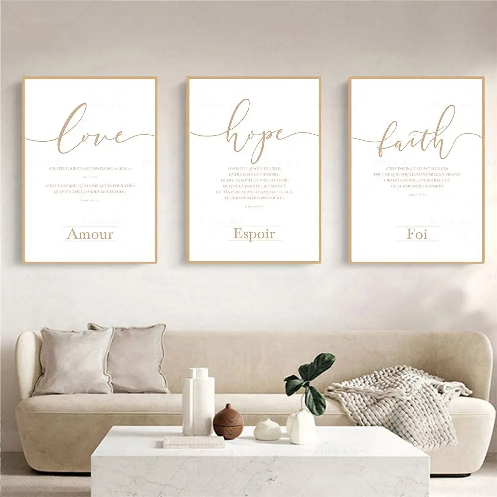 Faith Hope Love Bible Verse French Wall Art Poster and Print Canvas Painting Nordic Wall Picture for Living Room Christian Decor