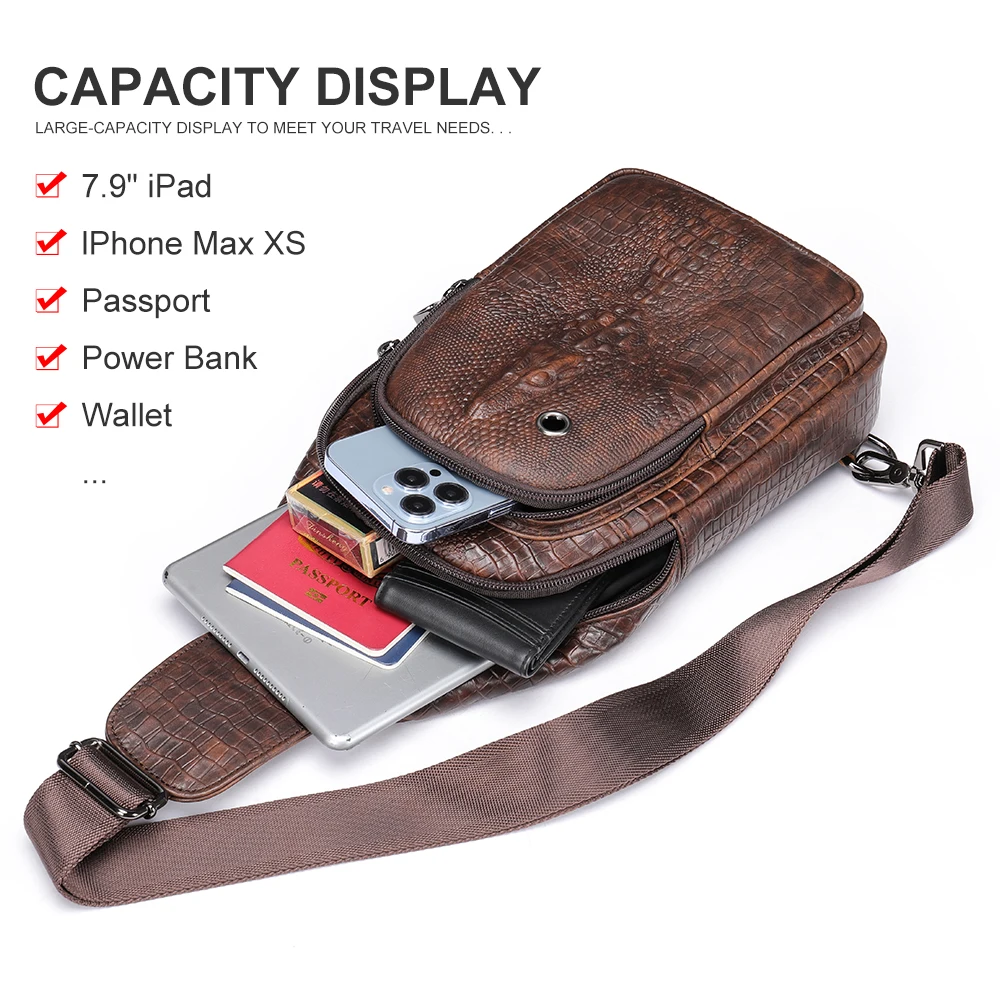 Imagem -05 - Westal Couro Genuíno Crossbody Sling Bolsa dos Homens Croco em Relevo Bolsa Peito Bolsas de Ombro à Prova Impermeável Água Preto para Viajar