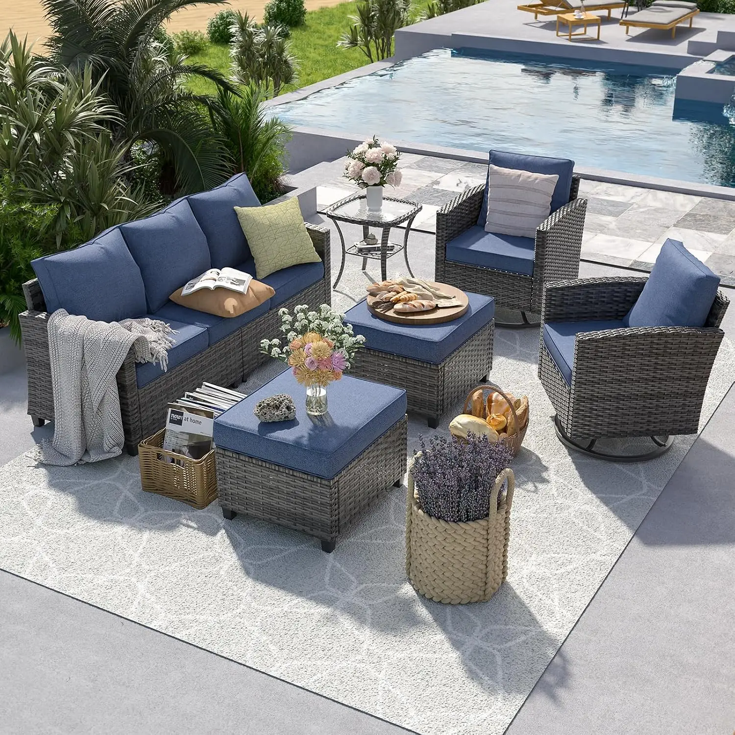 6 Pcs Outdoor Couch Patio Furniture Set with Swivel Rocking Chair Customizable Weatherproof Wicker Conversation Set