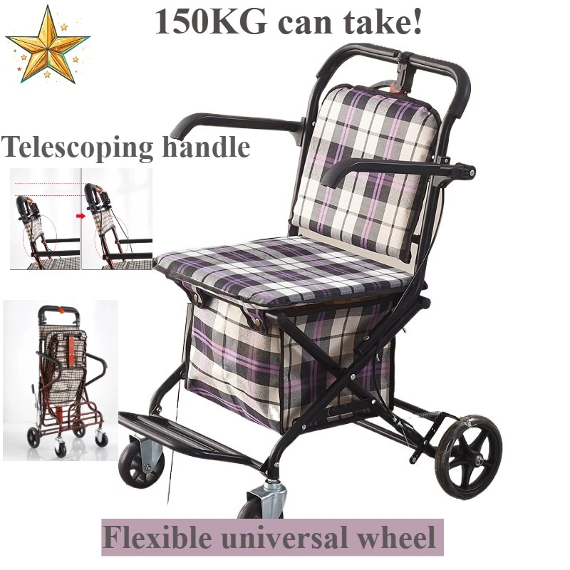 Elderly Handcart Portable Folding Shopping Cart  Four-wheeled  Portable Walking Stick Household Lightweight Grocery Aids