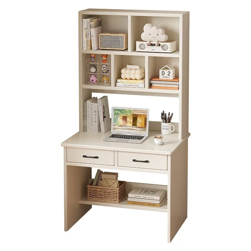 Household Solid Wood Computer Desk, Integrated Bookcase Multi-layer Study Table for Bedroom and Small Apartment