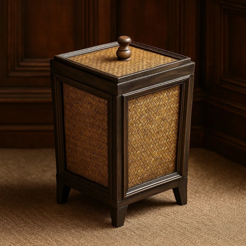 Chinese Vintage Paper Basket,Mid-Century Modern Bamboo Waste Bin,Solid Wood Zen Trash Can for Home,Rustic Office Bedroom Decor