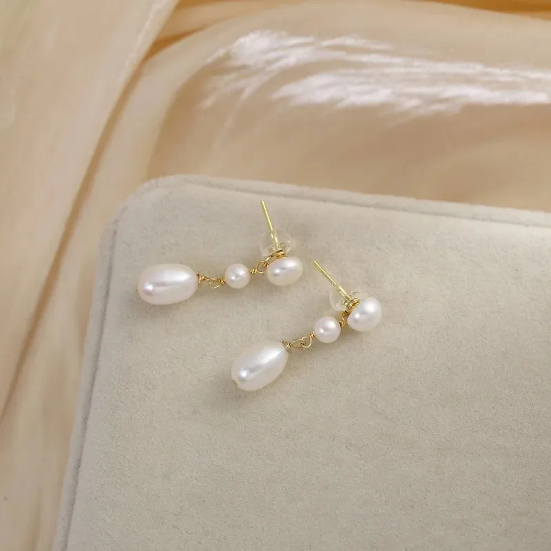 Minar High Quality Three Freshwater Pearls Strand Drop Earrings For Women Gold Plated Brass Long Earring Statement Jewelry